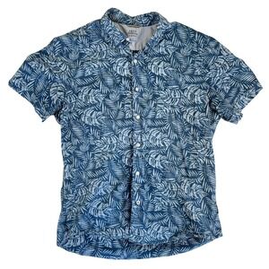 IZOD Saltwater Men's L Blue Leaf Print Short Sleeve Button Up Shirt Classic